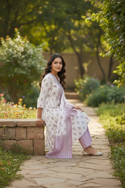 White & Lavender Printed Kurta Set with Dupatta