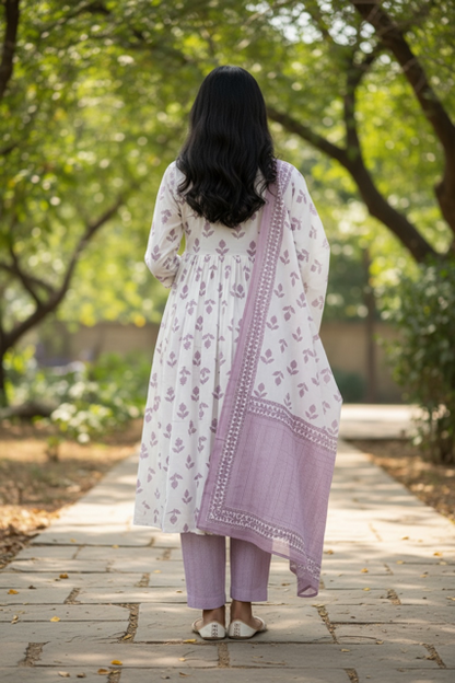 White & Lavender Printed Kurta Set with Dupatta