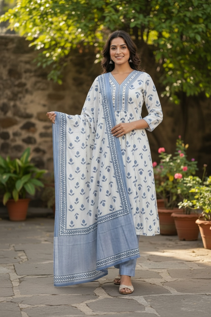 White & Blue Printed Kurta Set with Dupatta