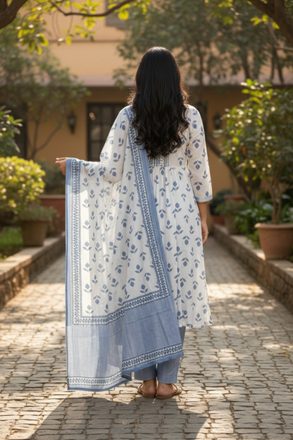 White & Blue Printed Kurta Set with Dupatta