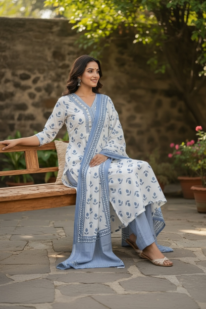 White & Blue Printed Kurta Set with Dupatta