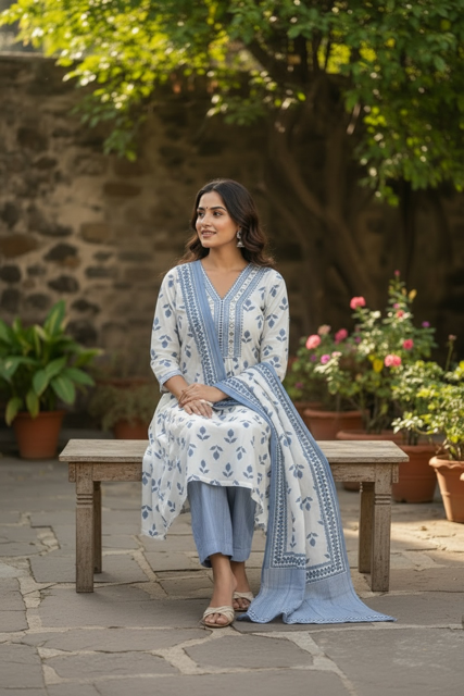 White & Blue Printed Kurta Set with Dupatta