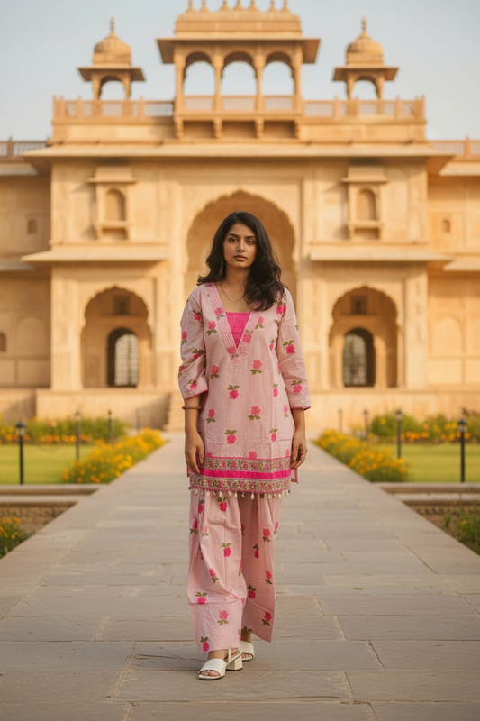 Blush Pink Floral Printed Cotton Kurta & Farsi Salwar Set for Women