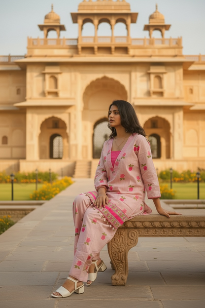 Blush Pink Floral Printed Cotton Kurta & Farsi Salwar Set for Women