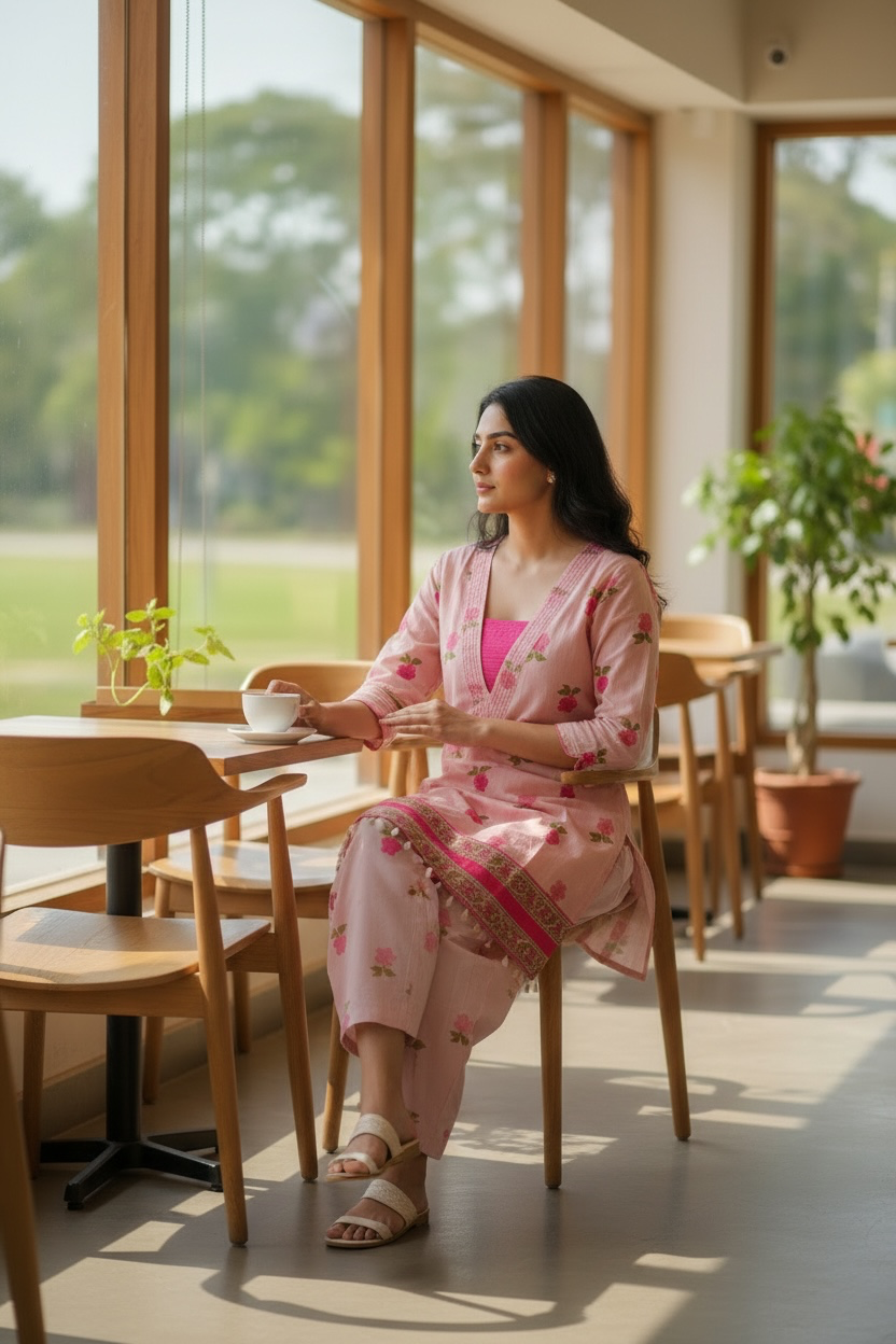 Blush Pink Floral Printed Cotton Kurta & Farsi Salwar Set for Women