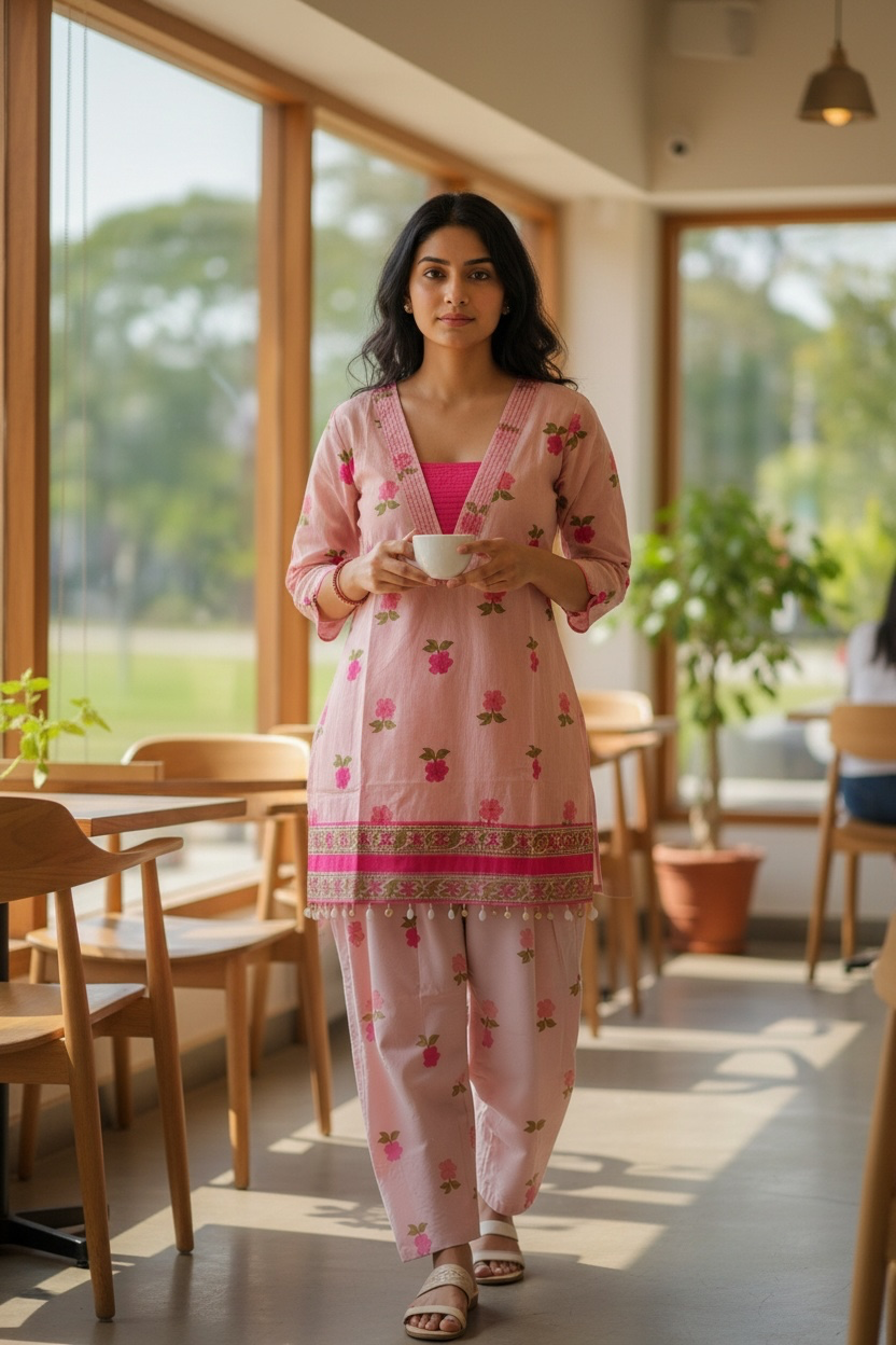 Blush Pink Floral Printed Cotton Kurta & Farsi Salwar Set for Women