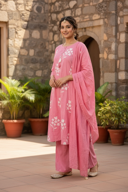 Rose Pink Floral Printed Kurta Set with Dupatta