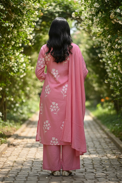 Rose Pink Floral Printed Kurta Set with Dupatta