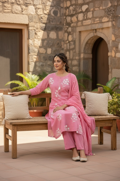 Rose Pink Floral Printed Kurta Set with Dupatta