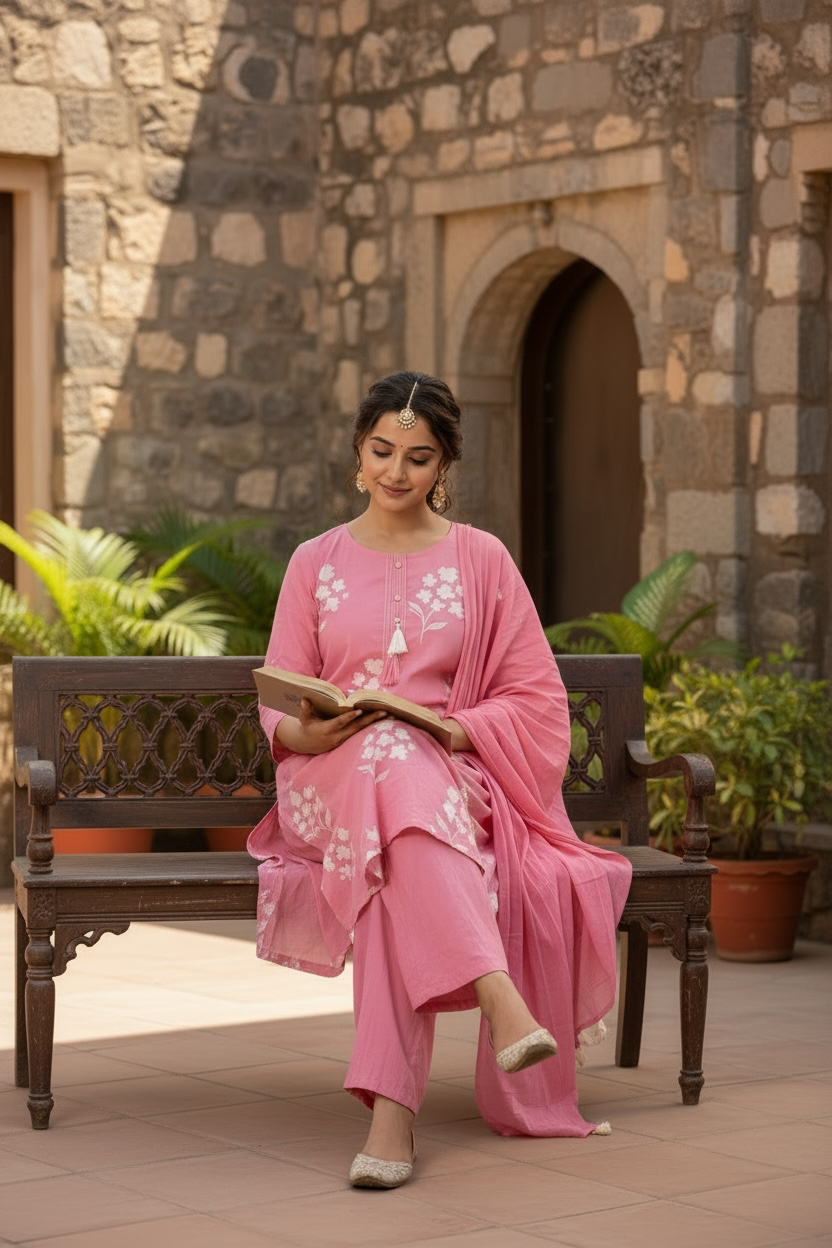 Rose Pink Floral Printed Kurta Set with Dupatta