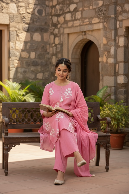 Rose Pink Floral Printed Kurta Set with Dupatta