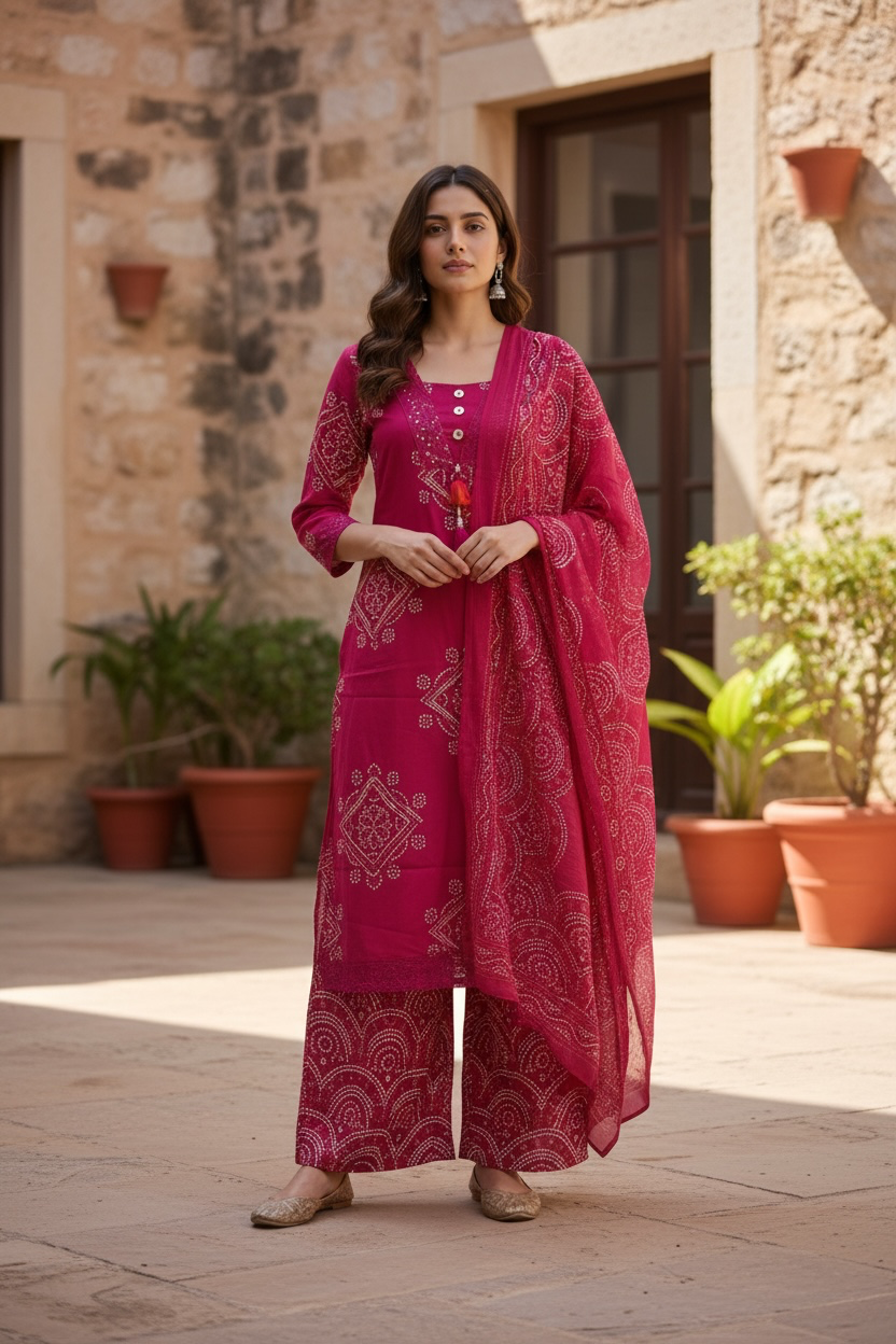 Rani Pink Bandhani Printed Kurta Set with Dupatta