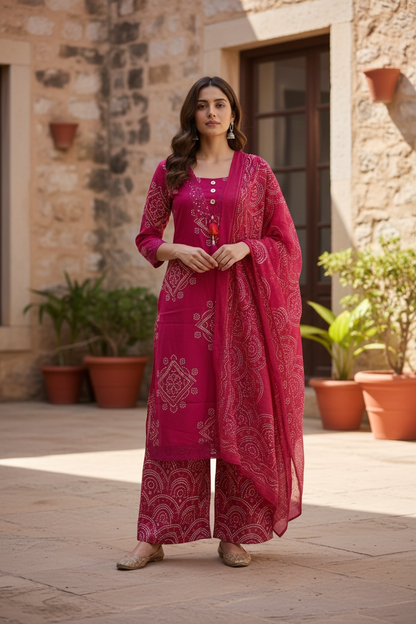 Rani Pink Bandhani Printed Kurta Set with Dupatta