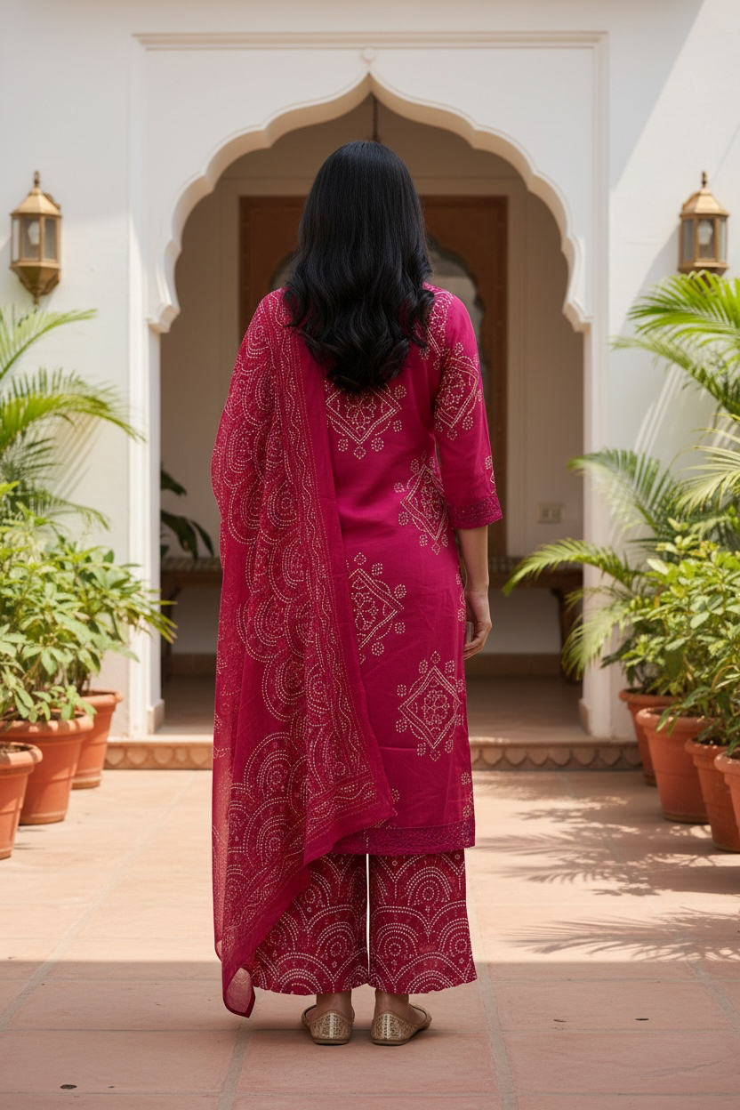 Rani Pink Bandhani Printed Kurta Set with Dupatta