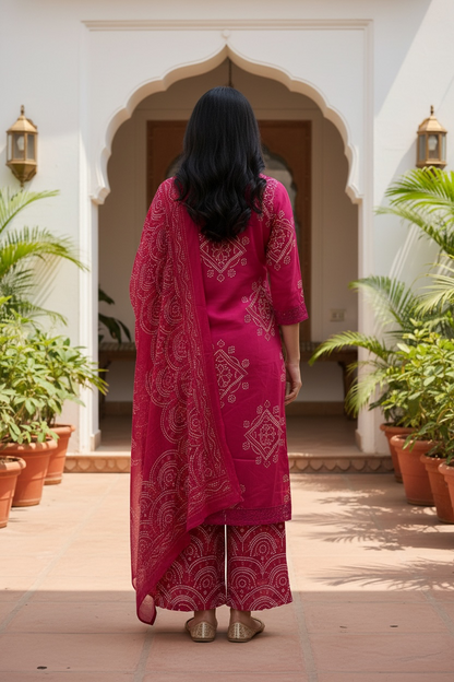 Rani Pink Bandhani Printed Kurta Set with Dupatta