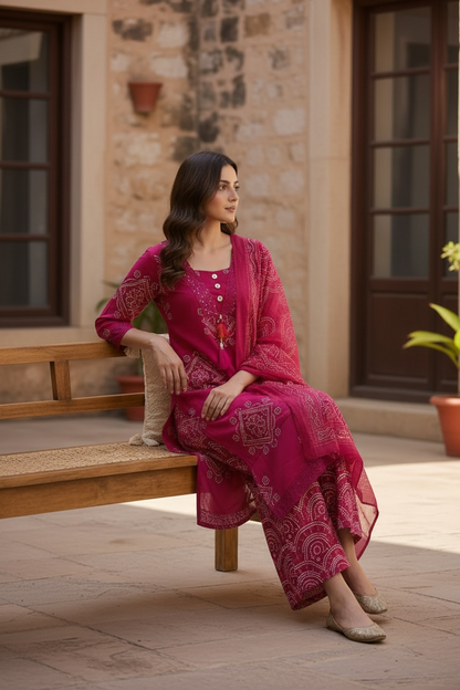 Rani Pink Bandhani Printed Kurta Set with Dupatta