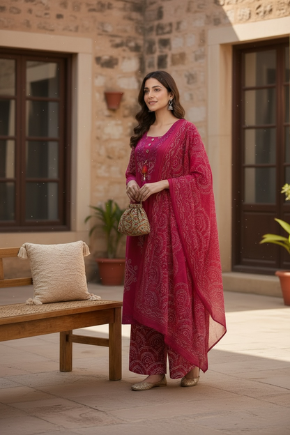 Rani Pink Bandhani Printed Kurta Set with Dupatta