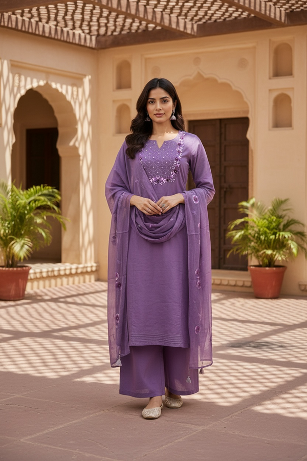 Lavender Embroidered Kurta Set with Dupatta