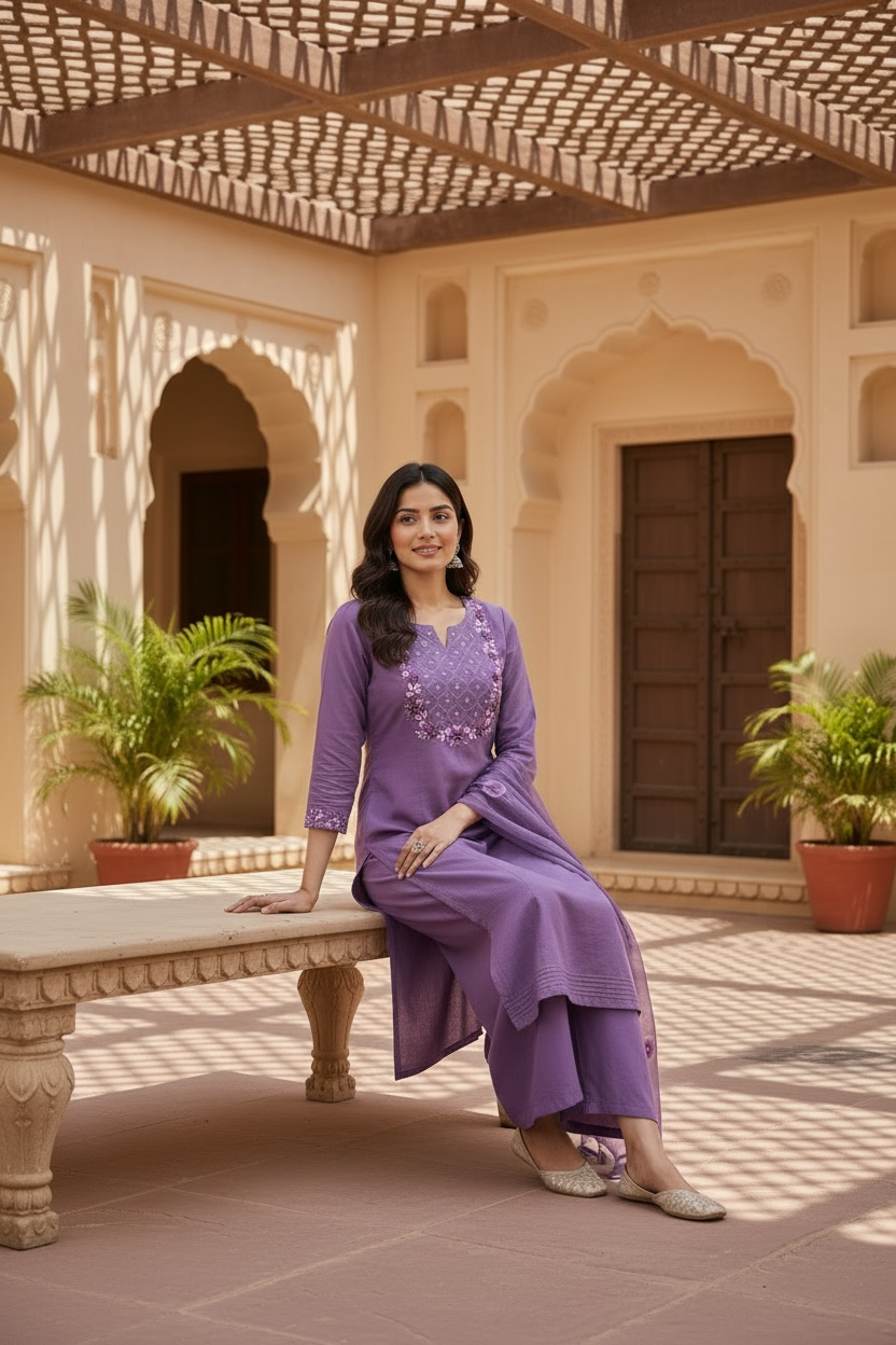 Lavender Embroidered Kurta Set with Dupatta