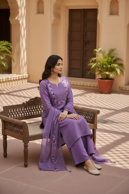 Lavender Embroidered Kurta Set with Dupatta