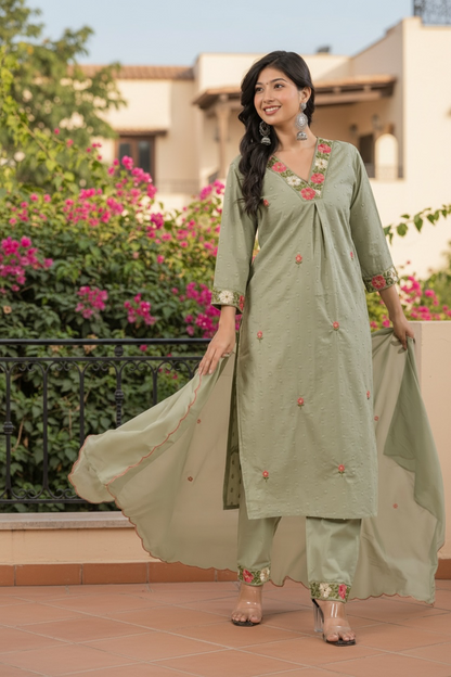 Sage Green Embroidered Kurta Set with Dupatta