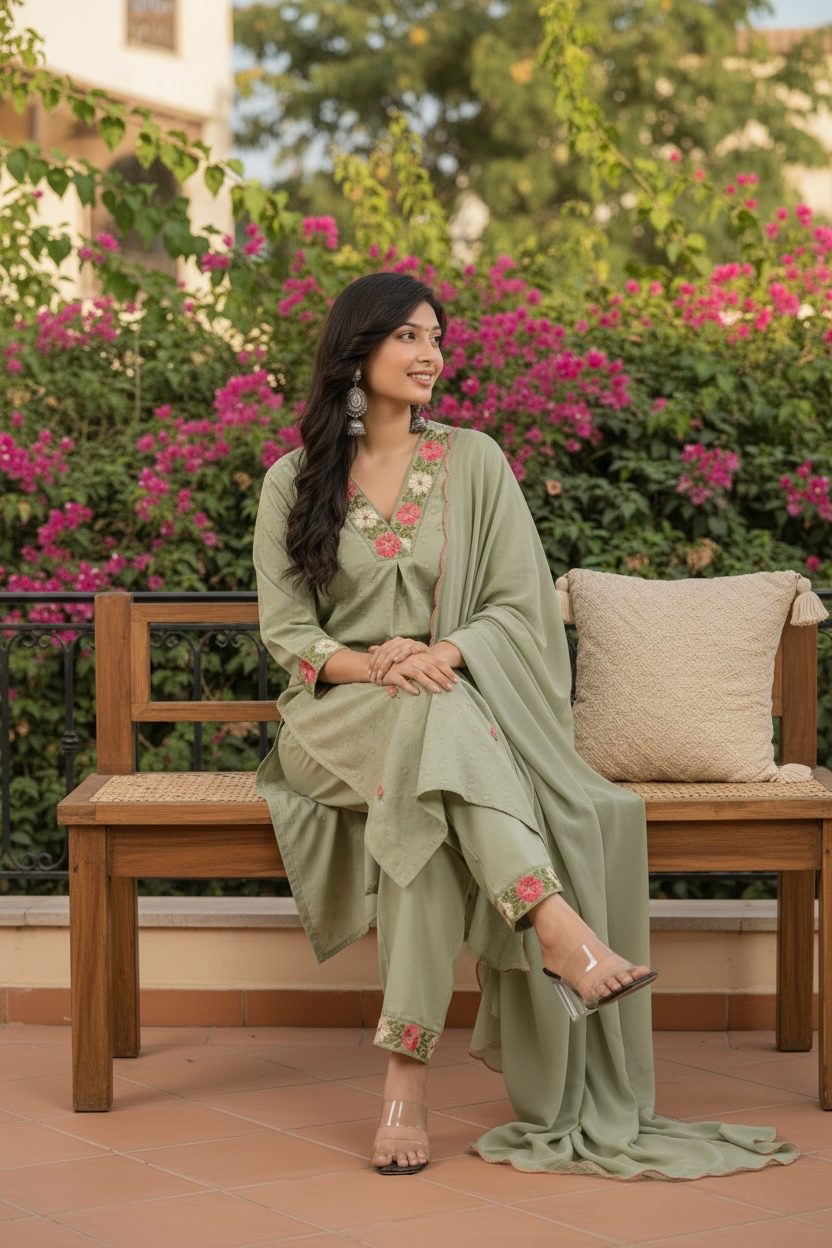 Sage Green Embroidered Kurta Set with Dupatta