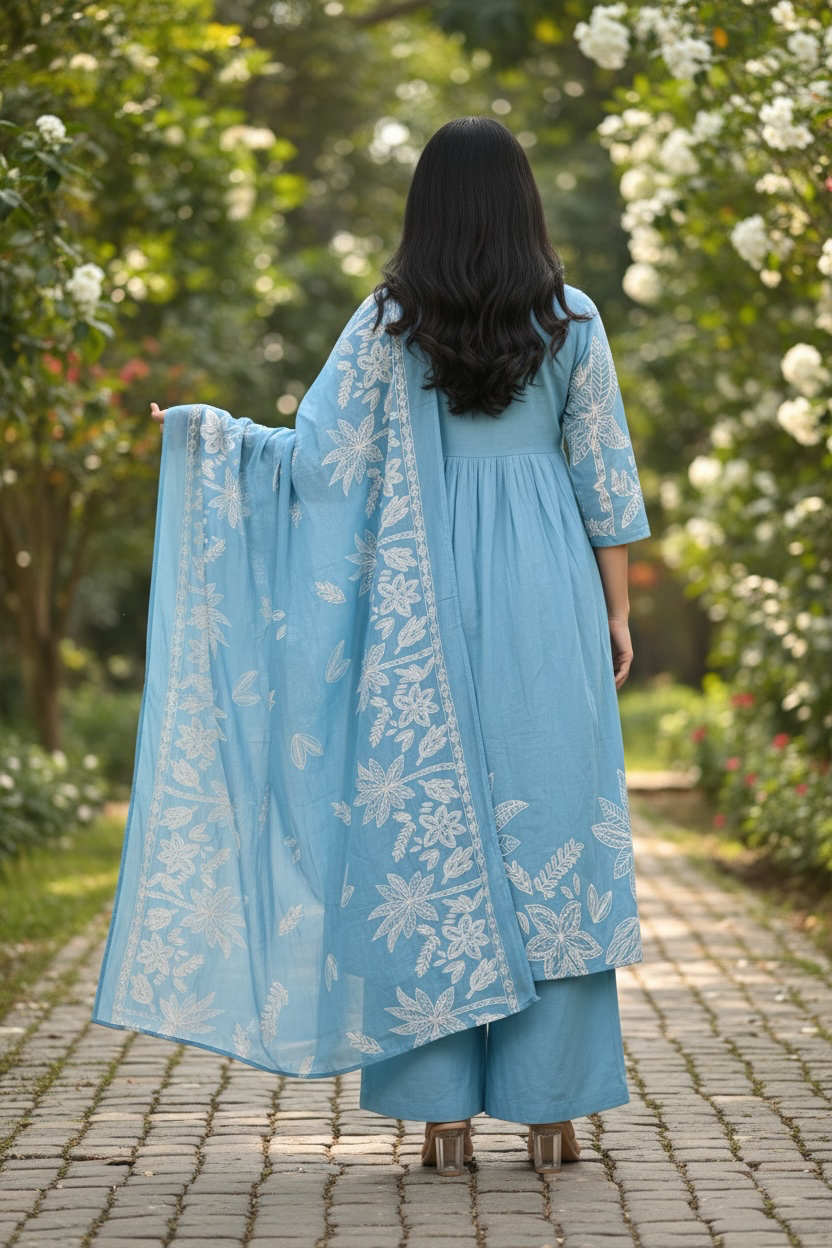 Blue Floral Printed Kurta Set with Dupatta