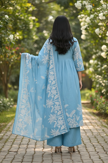 Blue Floral Printed Kurta Set with Dupatta