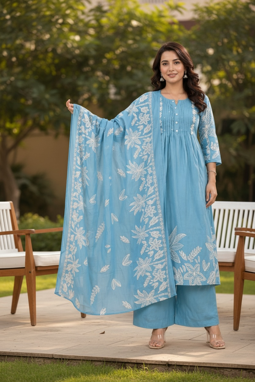 Blue Floral Printed Kurta Set with Dupatta