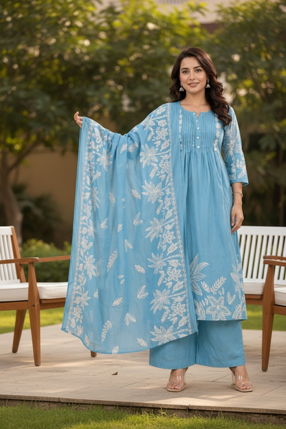 Blue Floral Printed Kurta Set with Dupatta