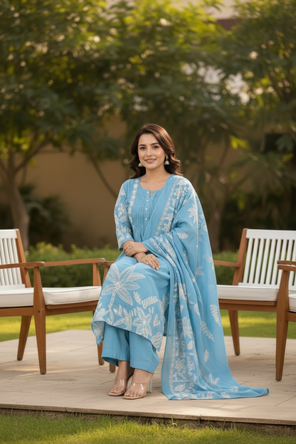 Blue Floral Printed Kurta Set with Dupatta