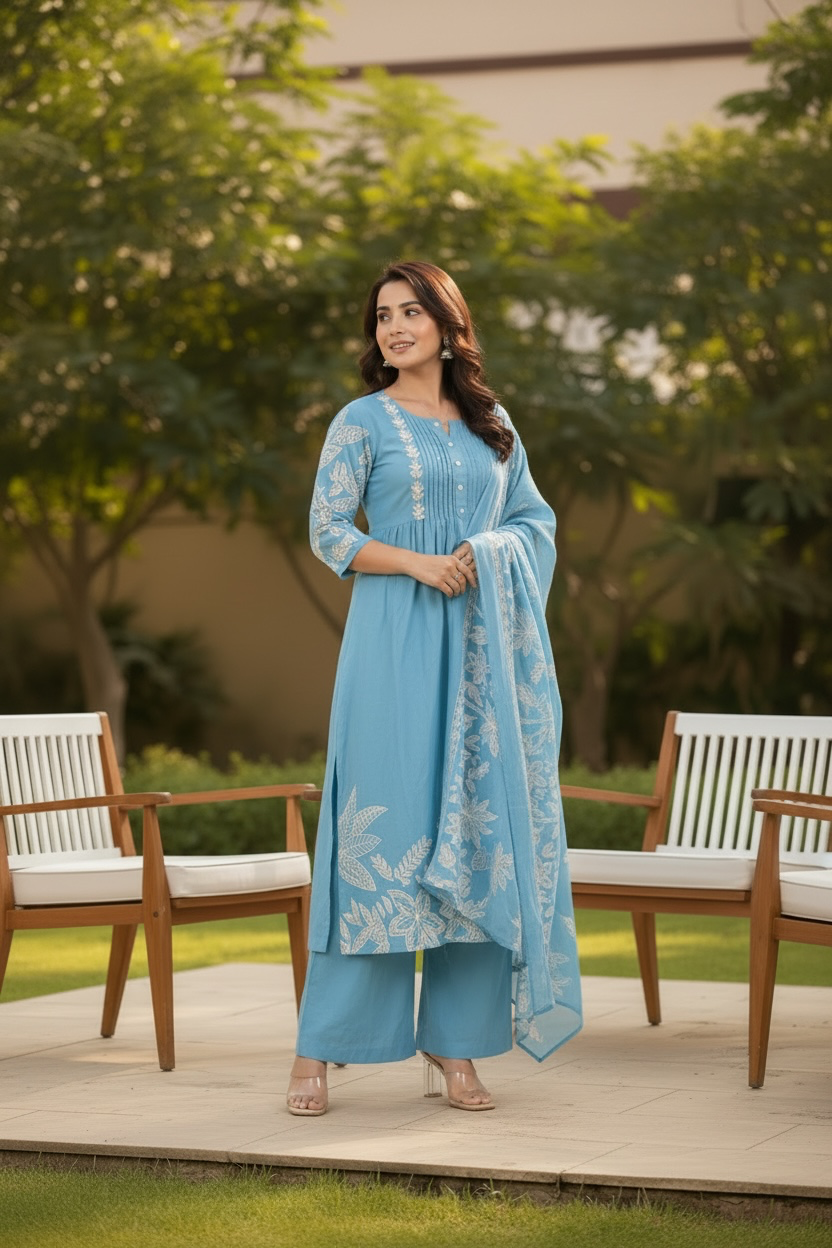Blue Floral Printed Kurta Set with Dupatta