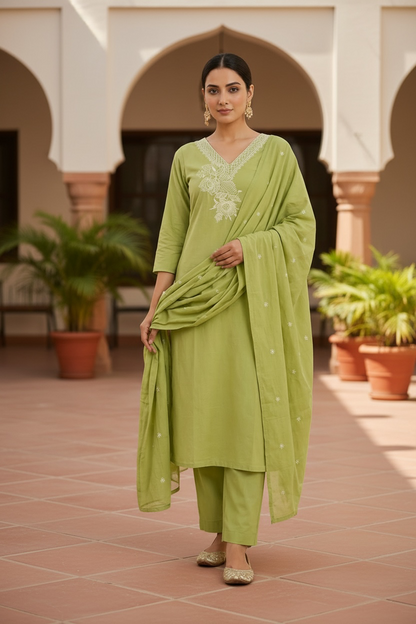 Pistachio Green Embroidered Kurta Set with Dupatta
