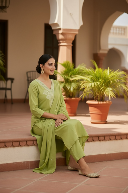 Pistachio Green Embroidered Kurta Set with Dupatta