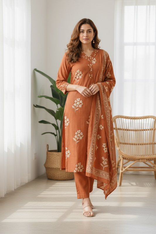 Rust Orange Floral Printed Kurta Set with Dupatta