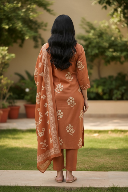Rust Orange Floral Printed Kurta Set with Dupatta