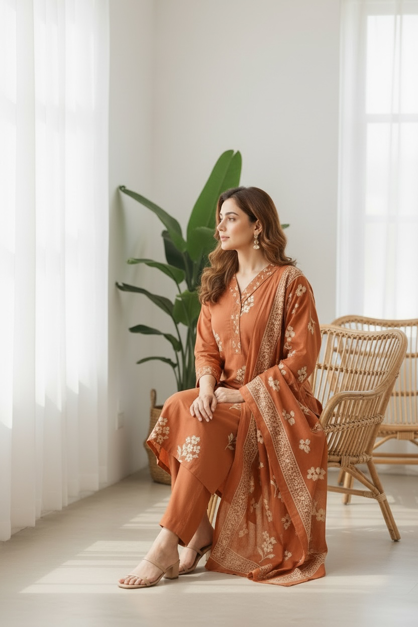 Rust Orange Floral Printed Kurta Set with Dupatta