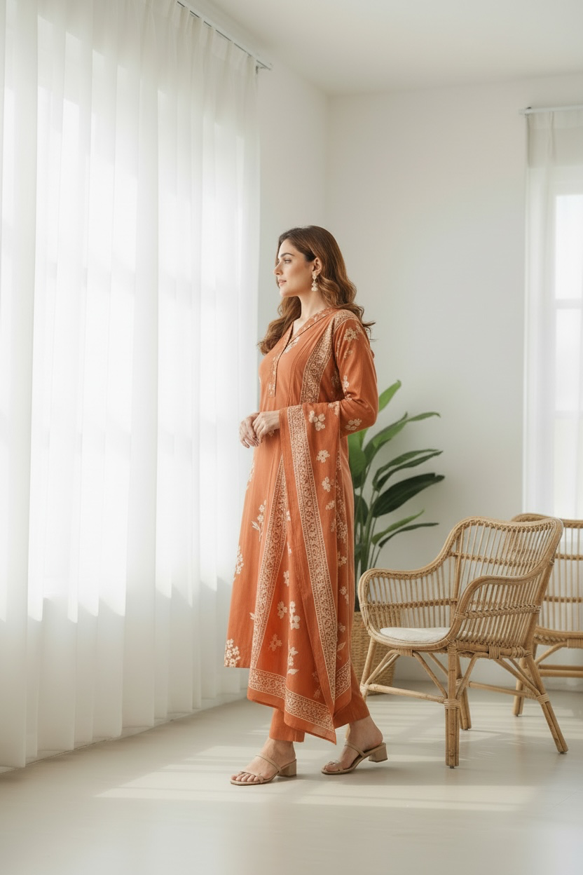 Rust Orange Floral Printed Kurta Set with Dupatta