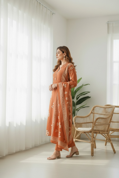 Rust Orange Floral Printed Kurta Set with Dupatta