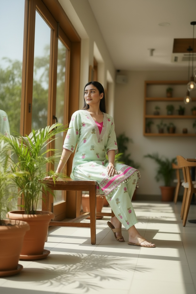 Mint Green Floral Printed Cotton Kurta & Farsi Salwar Set for Women