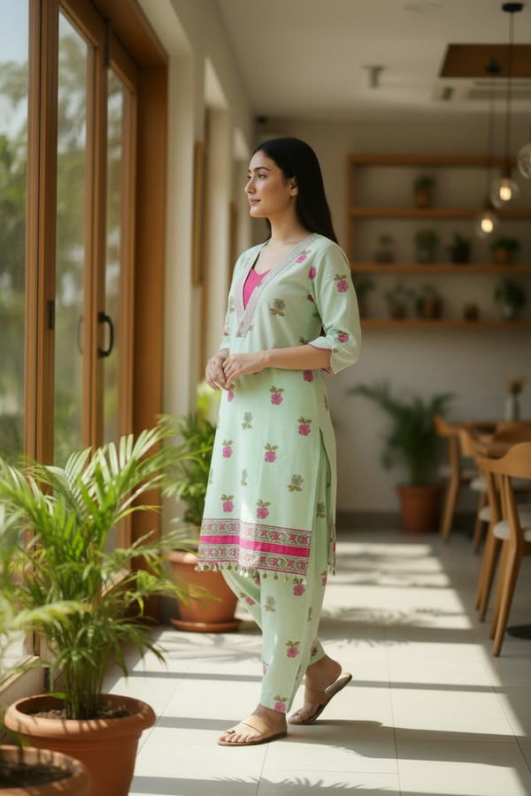 Mint Green Floral Printed Cotton Kurta & Farsi Salwar Set for Women