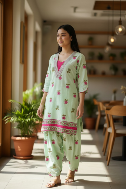 Mint Green Floral Printed Cotton Kurta & Farsi Salwar Set for Women