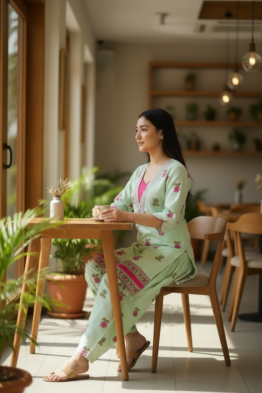 Mint Green Floral Printed Cotton Kurta & Farsi Salwar Set for Women