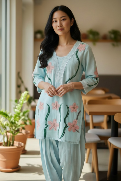 Sky Blue Floral Embroidered Cotton Kurta Set for Women