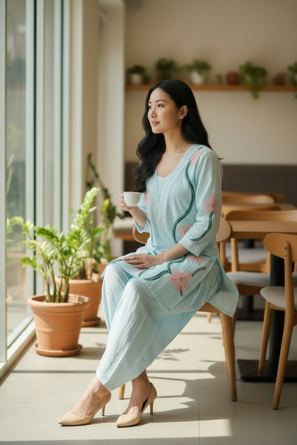 Sky Blue Floral Embroidered Cotton Kurta Set for Women