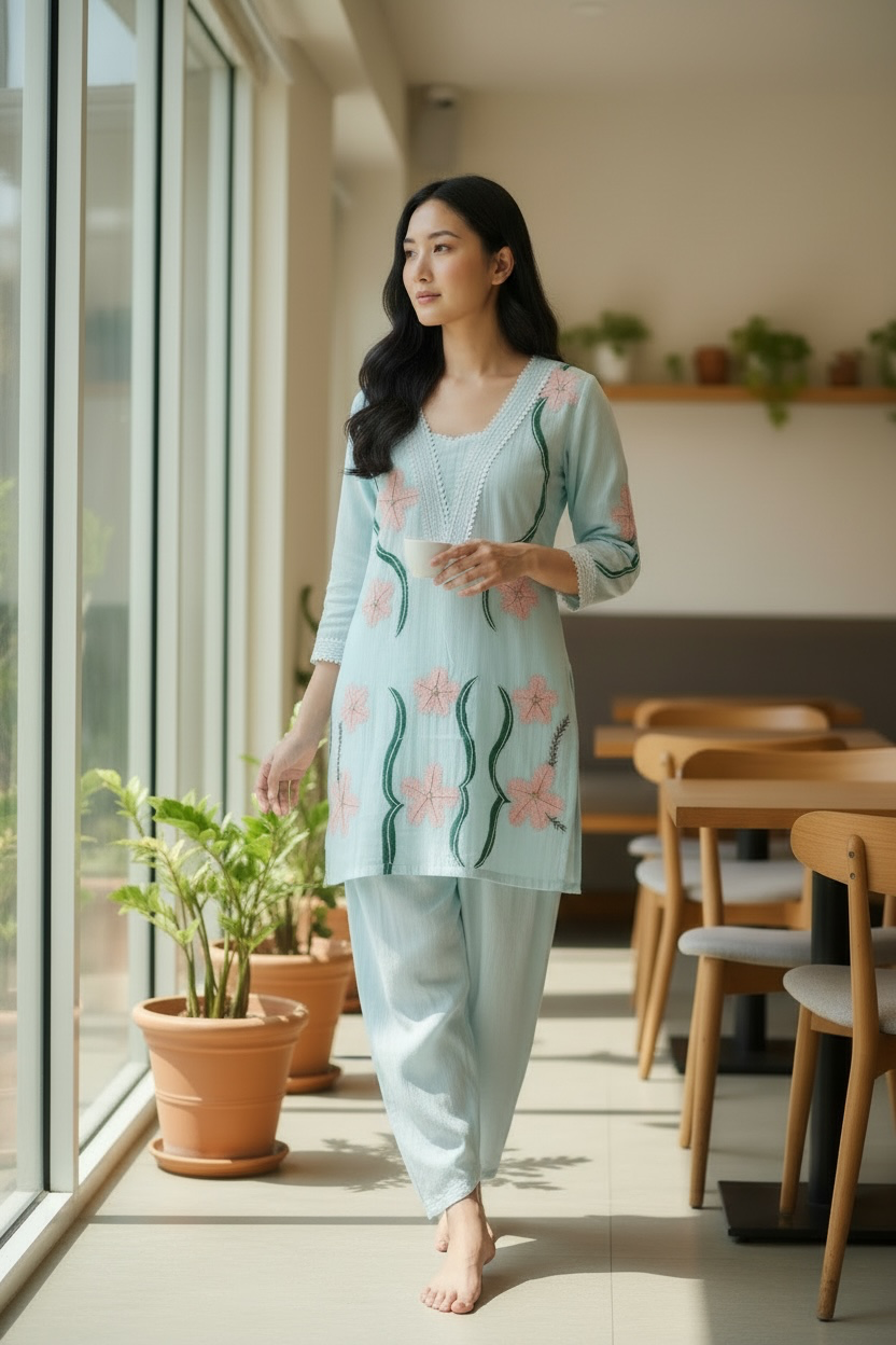 Sky Blue Floral Embroidered Cotton Kurta Set for Women