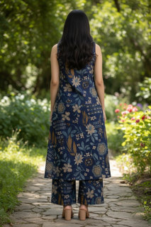 Navy Printed Sleeveless Kurta Set with Pants