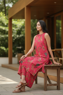 Pink Floral Sleeveless Kurta Set with Pants