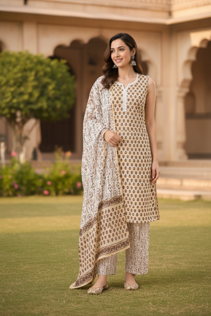 Beige Printed Sleeveless Kurta Set with Dupatta