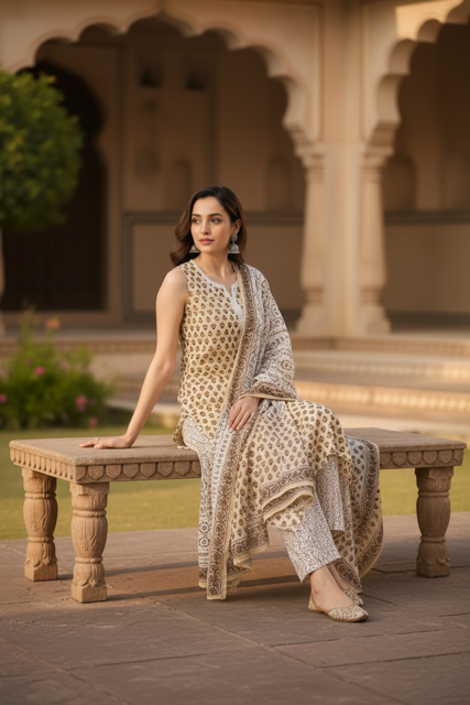 Beige Printed Sleeveless Kurta Set with Dupatta